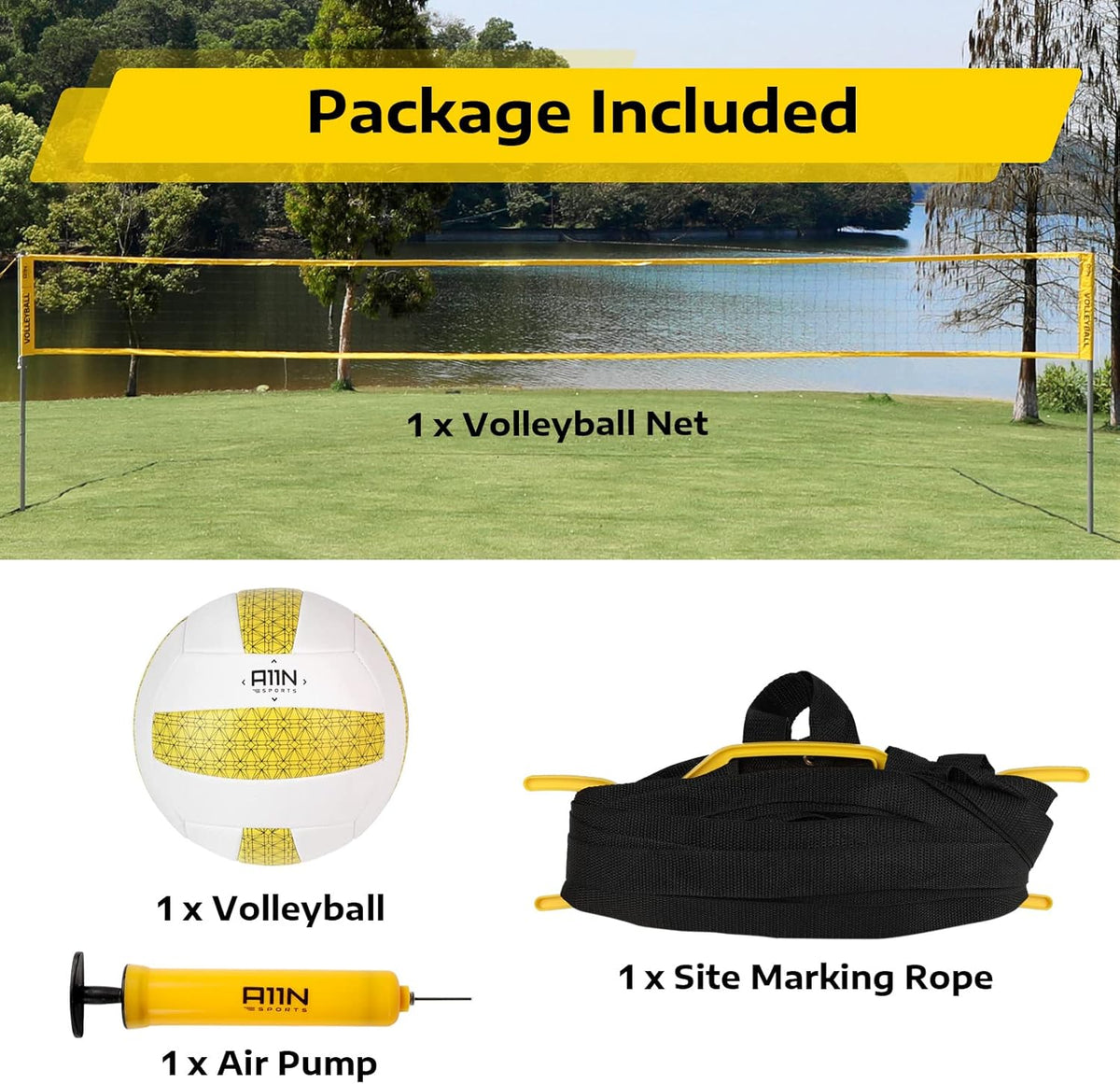 Outdoor Volleyball Set with Anti-Sag Net, Volleyball, Air Pump, Boundary Markers, and Carrying Bag U256