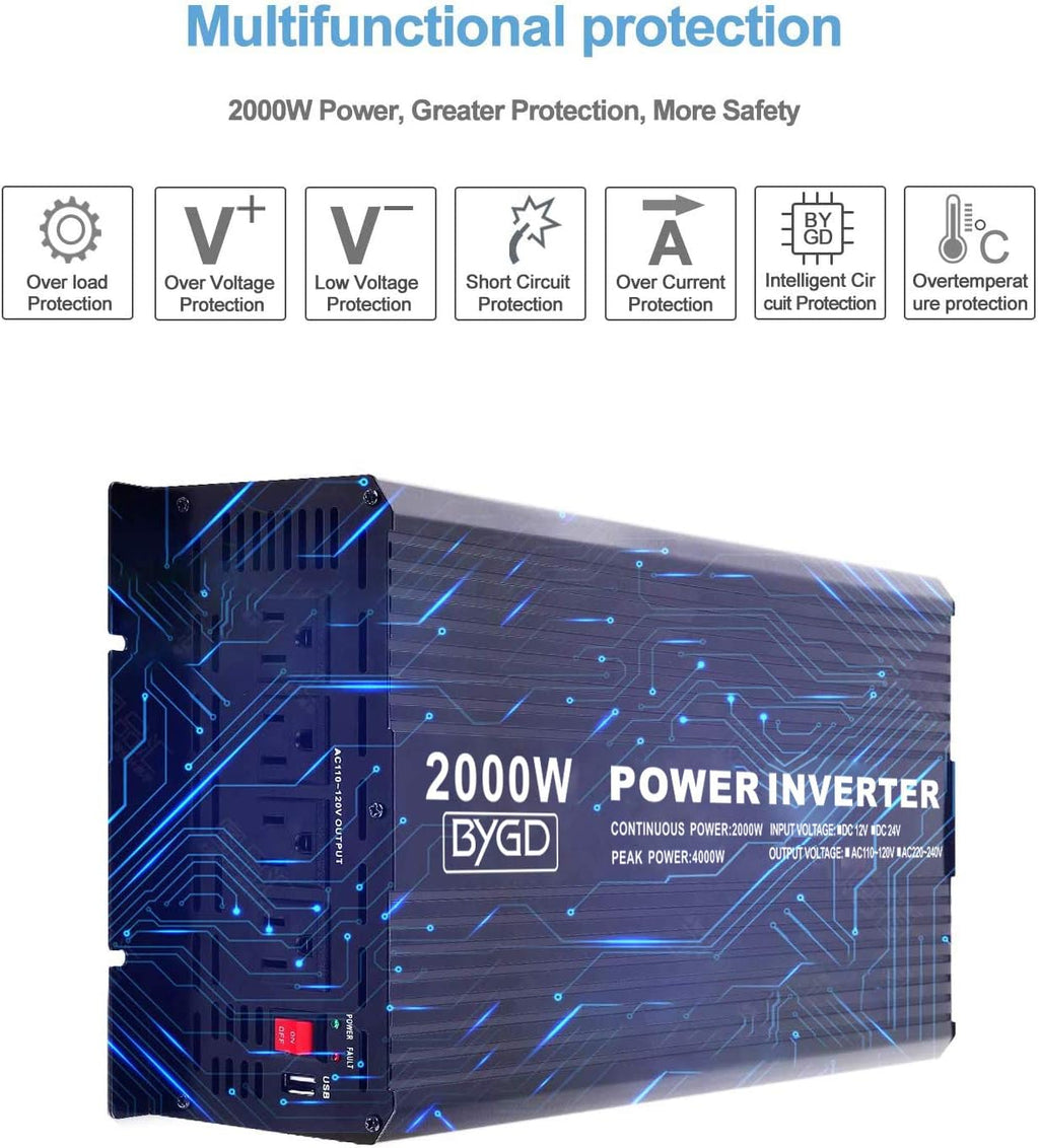 2000W Power Inverter 12V to 110V Modified Sine Wave with 4 AC Outlets N906