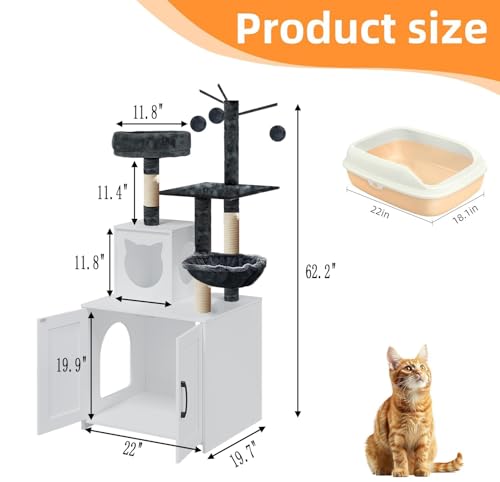 Grey Wood Cat Tree with Litter Box Enclosure R625