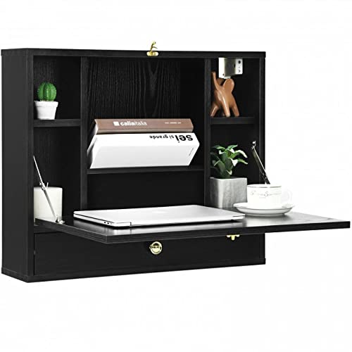 Black Wall Mounted Floating Desk with Drawer & Shelves O8671