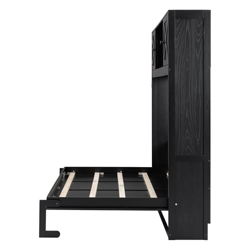 Black Full Horizontal Murphy Bed with Shelves and Storage Bookcase L9237