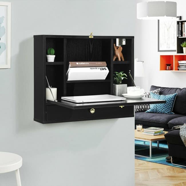 Black Wall Mounted Floating Desk with Drawer & Shelves O8671