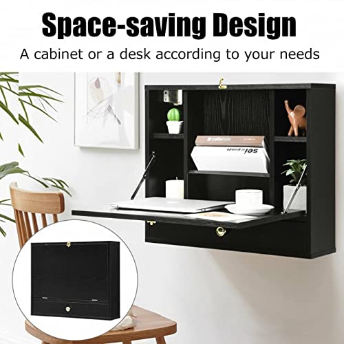 Black Wall Mounted Floating Desk with Drawer & Shelves O8671