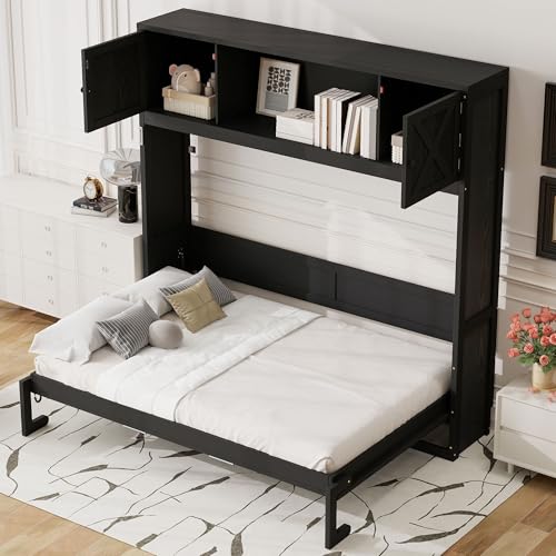 Black Full Horizontal Murphy Bed with Shelves and Storage Bookcase L9237