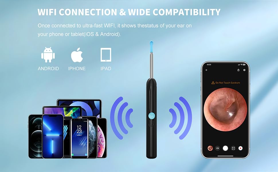 Black Wireless Ear Otoscope with Camera and 8 Pcs Ear Set T2626