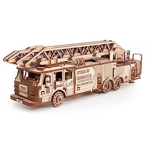 3D Wooden Puzzle Fire Truck Mechanical Model Kit with Wind Up Mechanism, 439 Pieces V96131