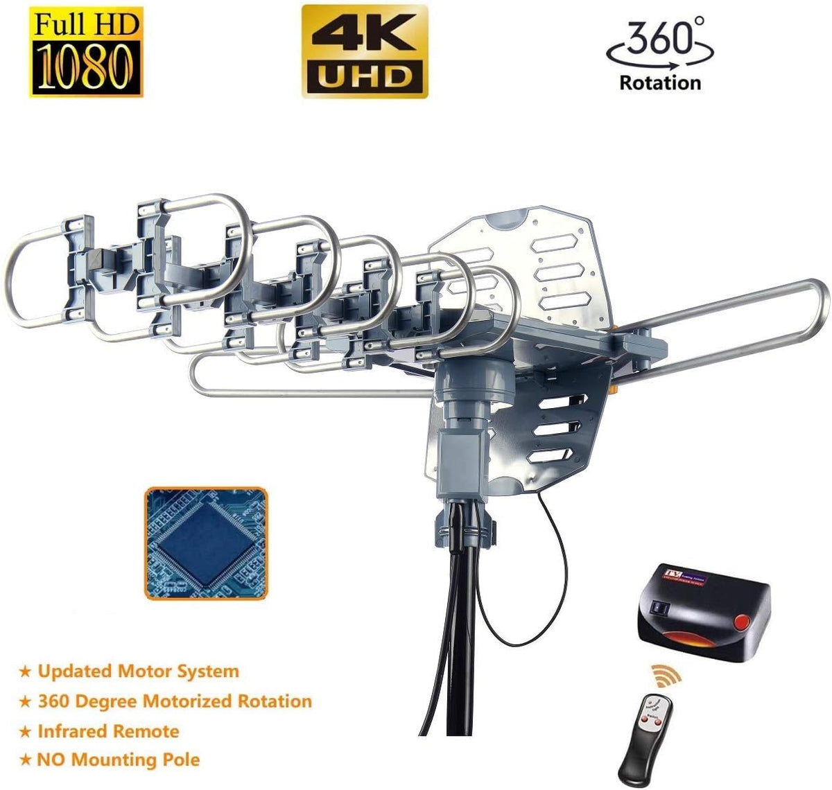 Long Range 360 Degree Rotation VHF UHF HDTV Antenna with Infrared Remote Controller W7941