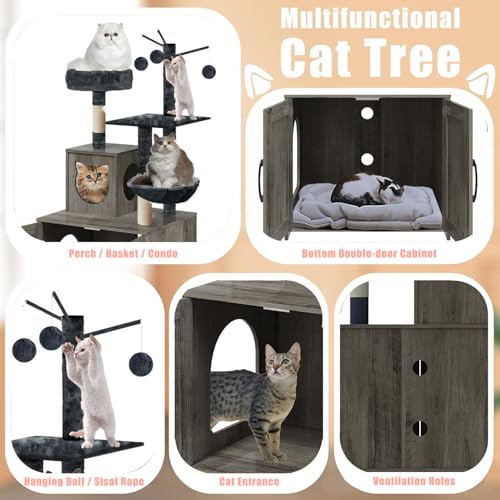 Grey Wood Cat Tree with Litter Box Enclosure R625