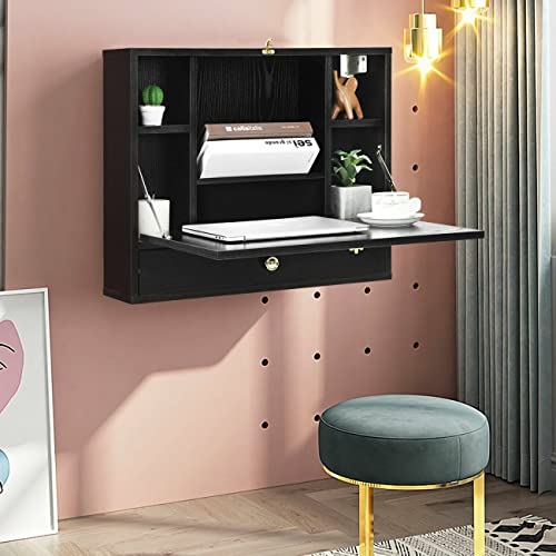 Black Wall Mounted Floating Desk with Drawer & Shelves O8671
