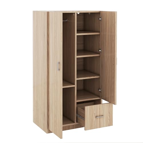 Wooden Armoire with Double Doors and Storage Drawer, 2 Door Wardrobe with 5 Fixed Shelves and Hanging Rod U3433