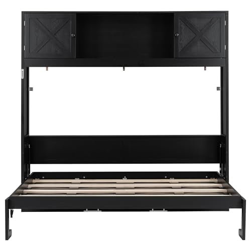Black Full Horizontal Murphy Bed with Shelves and Storage Bookcase L9237