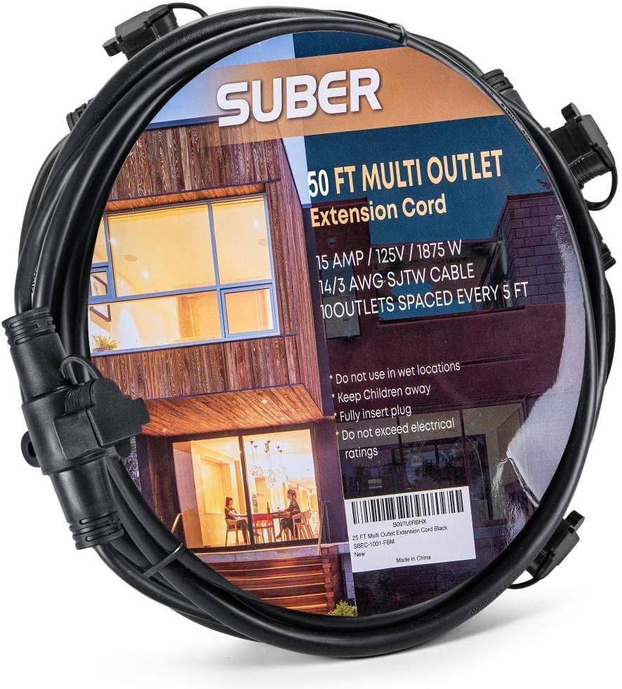 50 Feet 10 Outlet 14 Gauge SJTW Extension Cord with Waterproof Covers M261