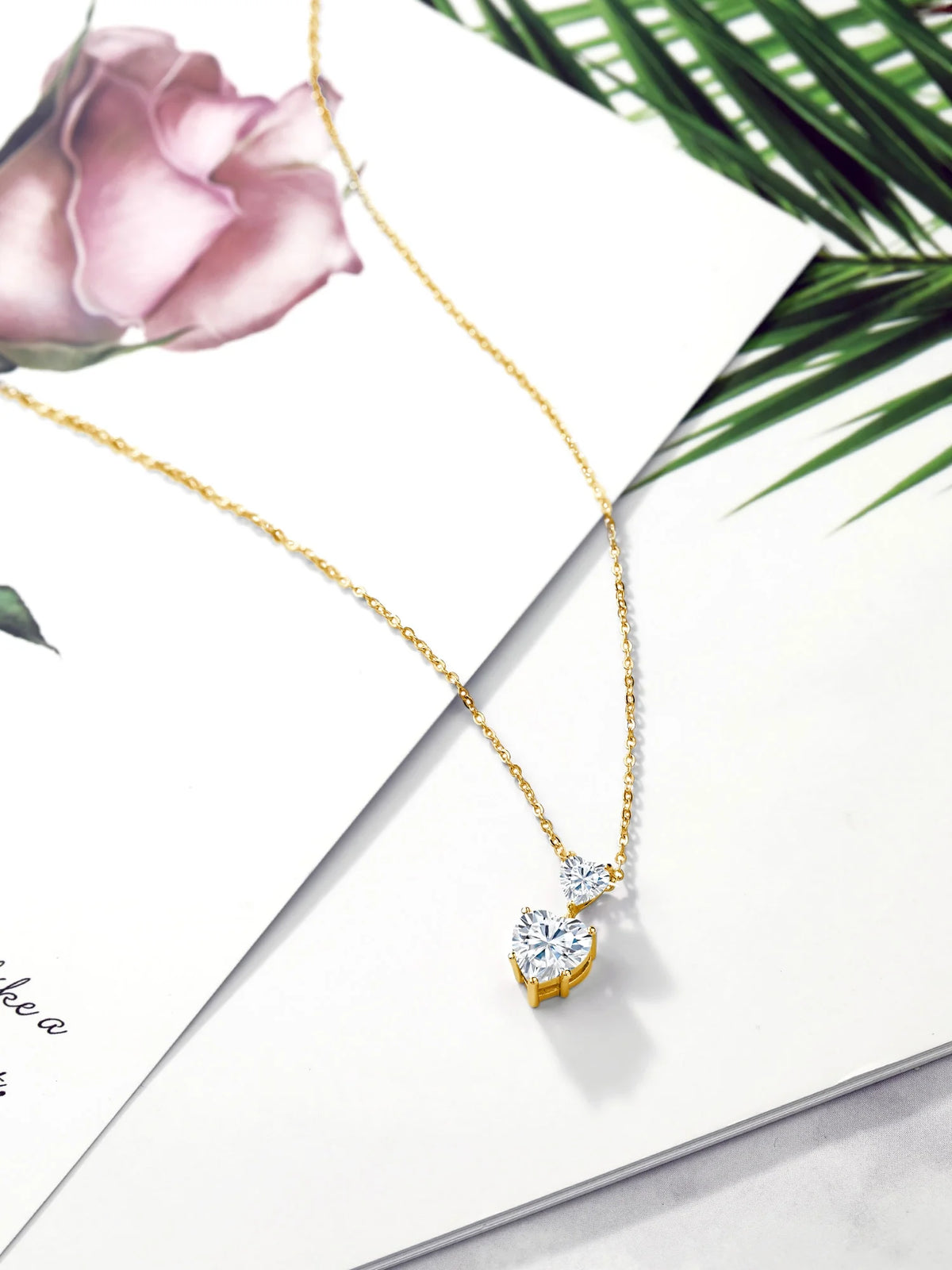 18K Yellow Gold Plated Silver White Moissanite Double Heart Pendant Necklace with 18 inch Silver Chain G634712
