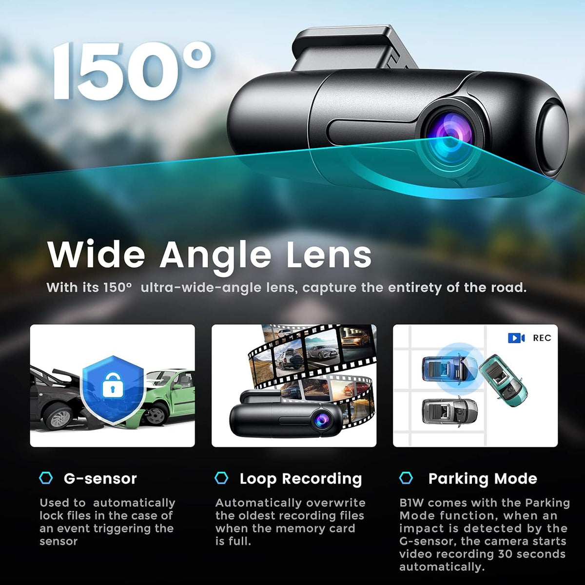 Small WiFi Dash Cam Camera 1080p 30fps G-Sensor Loop Recording Pack of 2 I62634