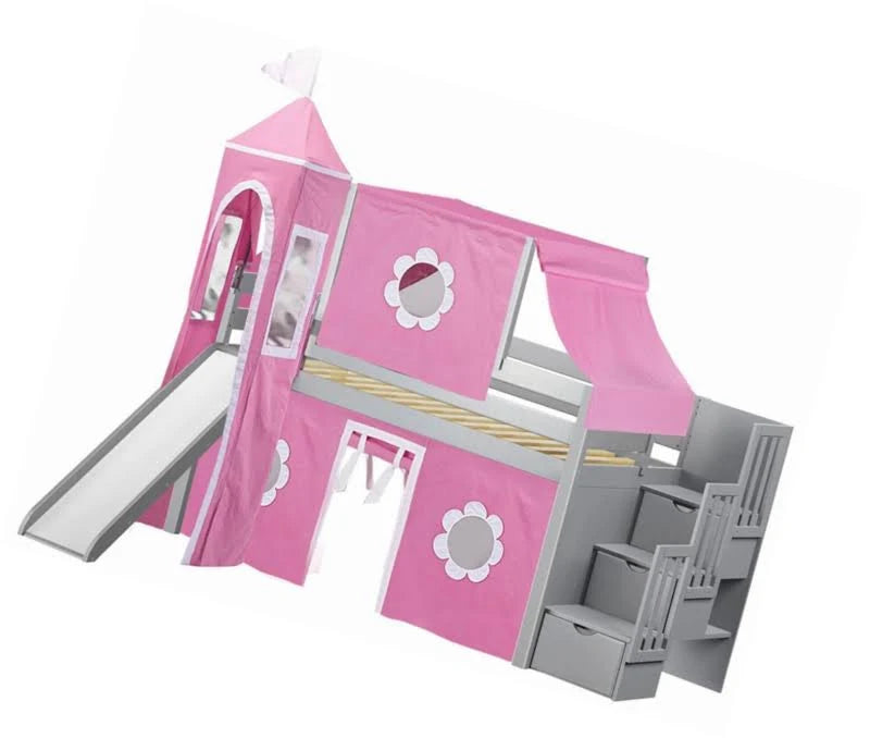 Pink & White Twin Loft Bed with Slide and Tent E8009