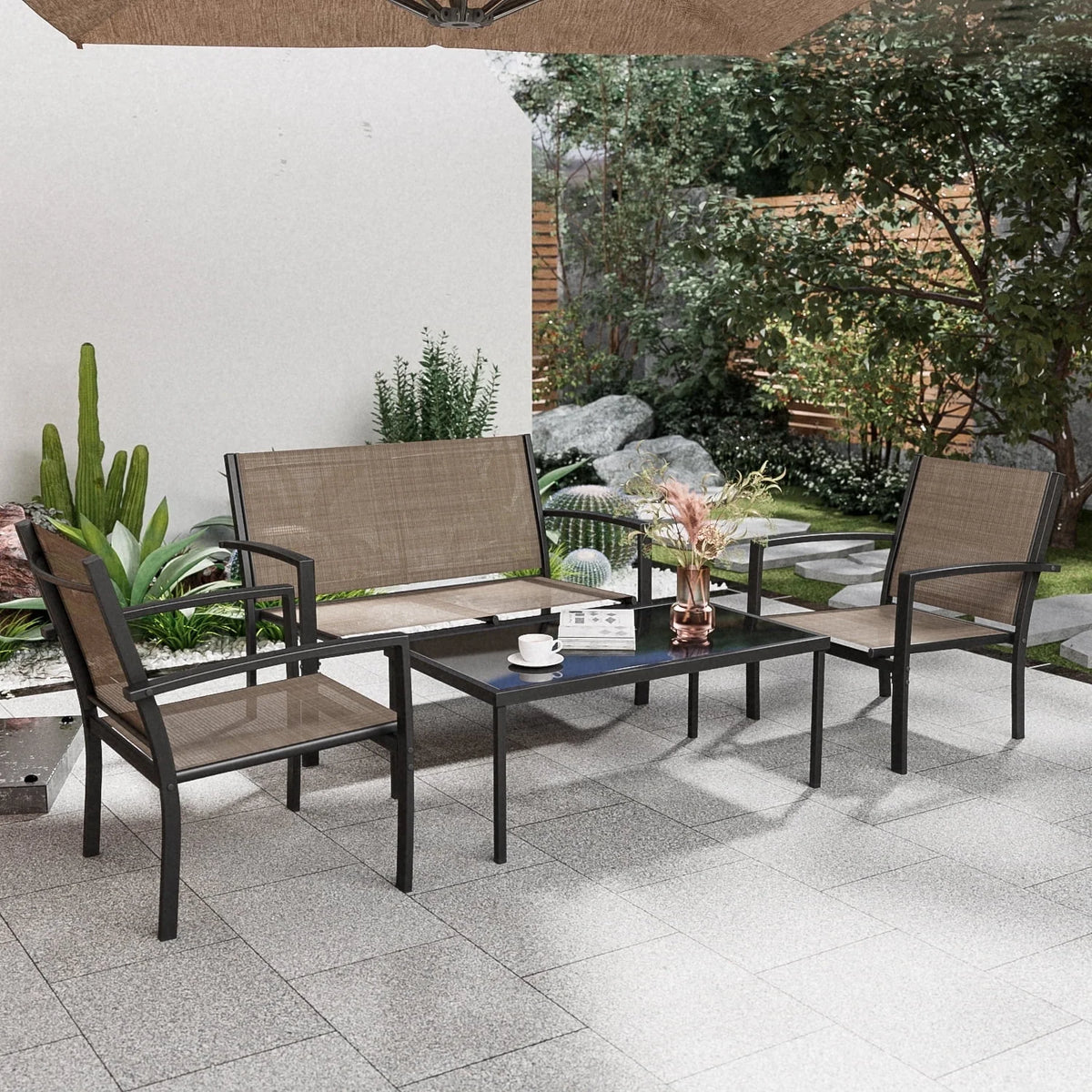 4 Pieces Textilene Steel Outdoor Furniture Set with Loveseat Tea Table T384914