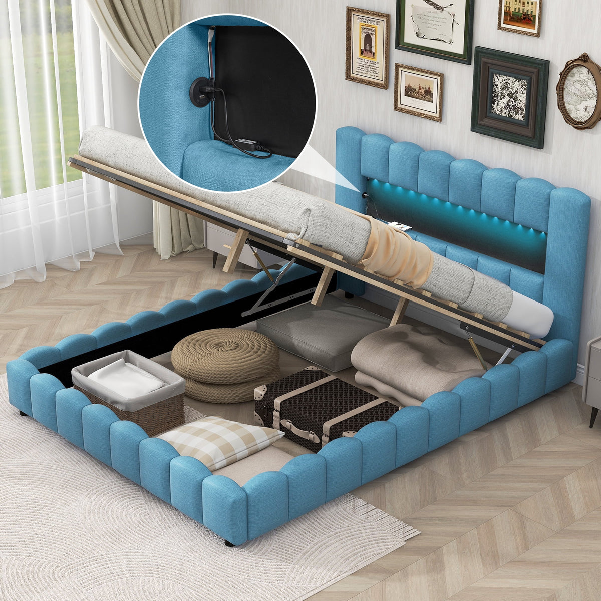Blue Upholstered Queen Bed with Lift up Storage P319125
