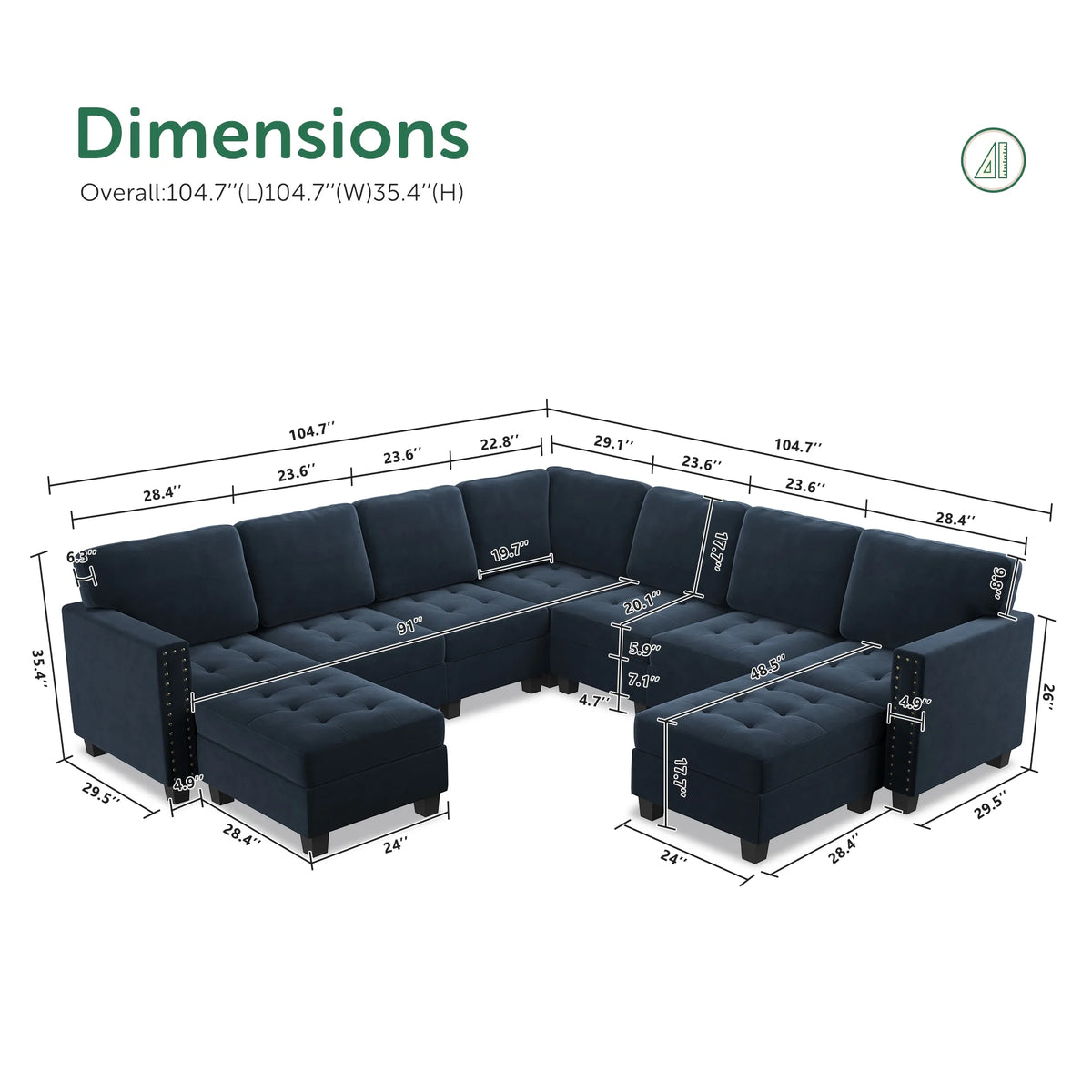 Dark Navy Blue U-Shape Tufted Sectional Sofa with Storage Reversible Ottoman R103101