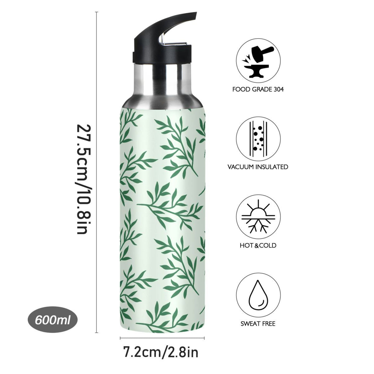 Green Stainless Steel Insulated Water Bottle with Straw Lid A39564