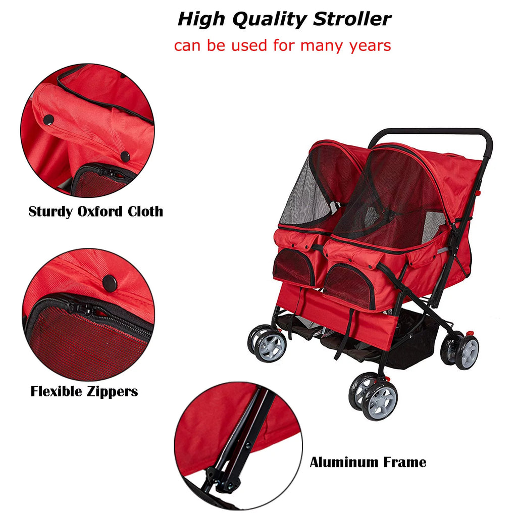 Double Pet Stroller Foldable Two-Seater Carrier Strolling Cart F7420