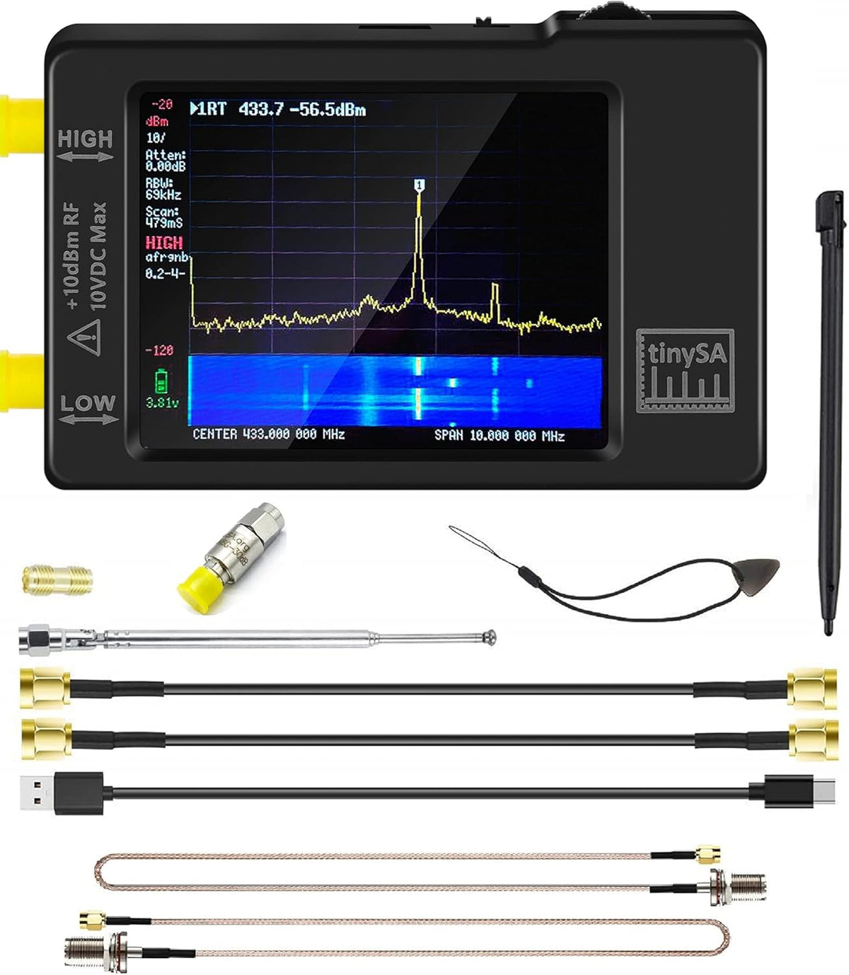 Portable Spectrum Analyzer with Antenna SMA Male to UHF Female Cables & 30db Attenuator, 0.1MHZ-960MHz 2.8'' Touchscreen X797