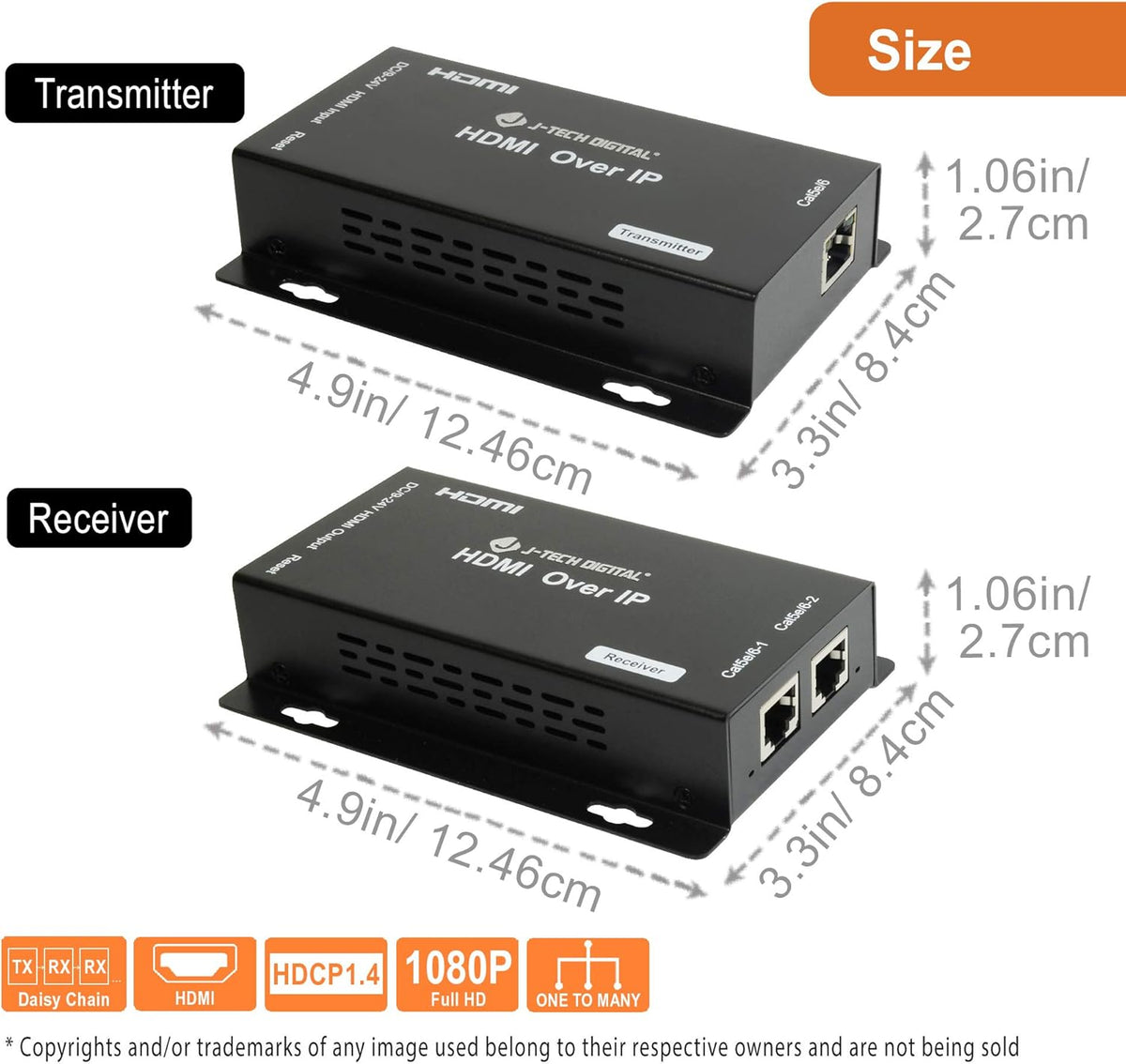 HDMI Extender Over Cat 5e/Cat6 Cable Daisy Chain Cascade to Multiple Receivers TCP/IP up to 1080P FHD 60Hz 400ft / 120M HDCP 1.4 Pack of 2 W58279