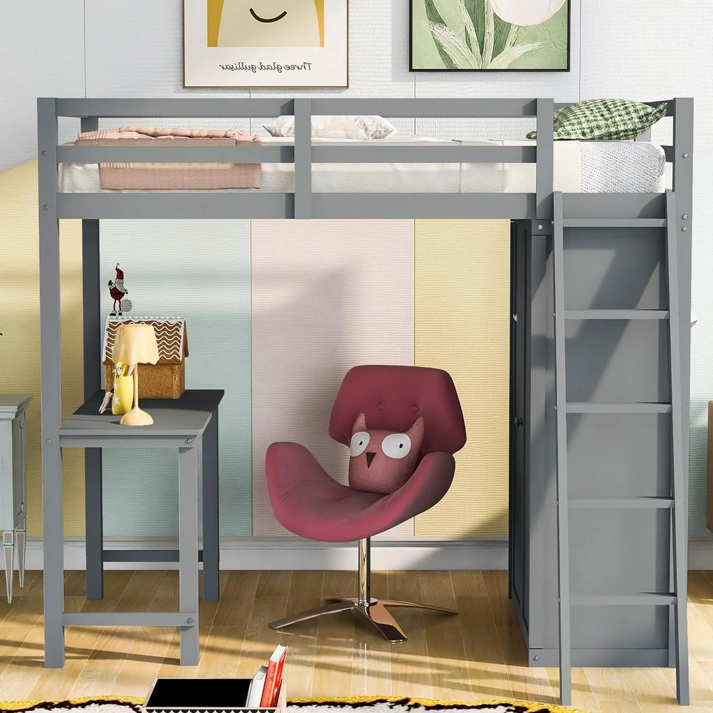 Wood Loft Bed with Wardrobe Desk and Guardrail (Gray) Y262991