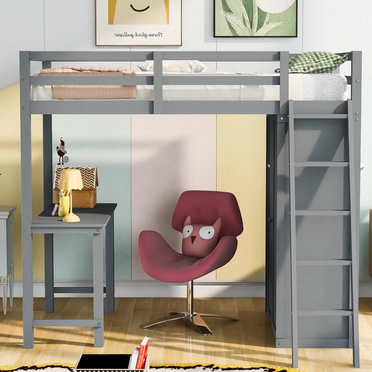 Wood Loft Bed with Wardrobe Desk and Guardrail (Gray) Y262991