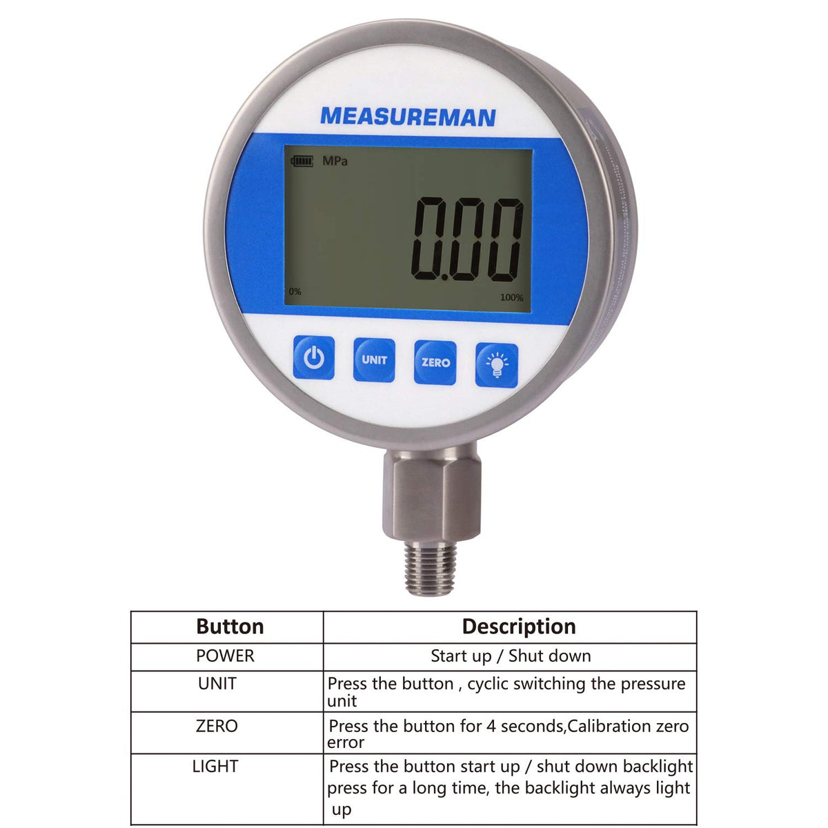 Digital Pressure Gauge 0-10000psi/bar, 1/4NPT, Stainless Steel Case S418