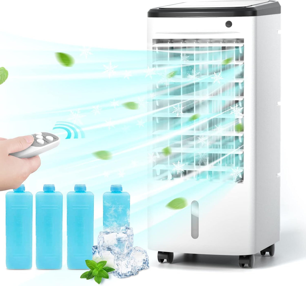 Portable Evaporative Air Cooler with Humidifier, 3 Wind Speeds, 4 Casters, 65° Oscillation, 12H Timer, Remote, 455 CFM P6344