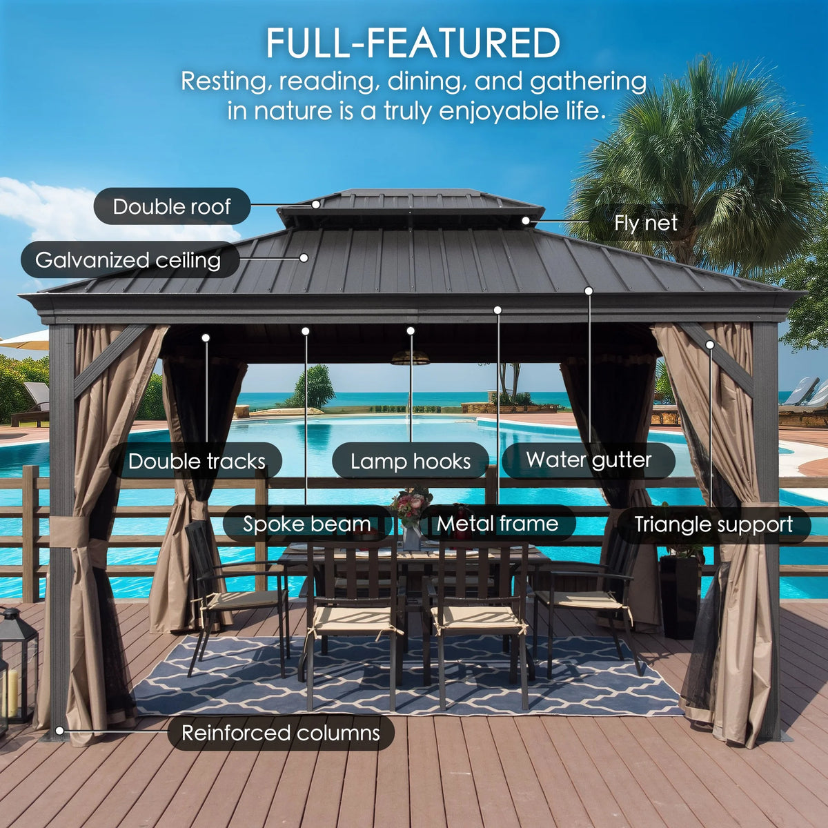 12'x16' Gray Hardtop Aluminum Permanent Gazebo with Mosquito Net and Privacy Sidewalls K9471