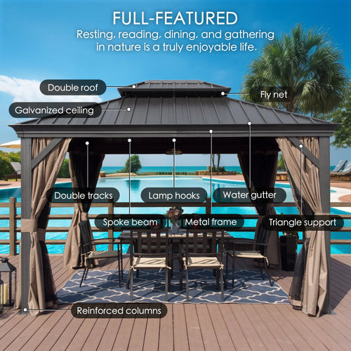 12'x16' Gray Hardtop Aluminum Permanent Gazebo with Mosquito Net and Privacy Sidewalls K9471