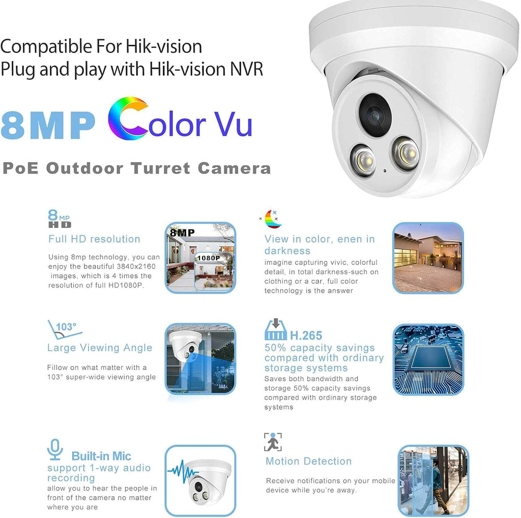 4K 8MP Full Color POE IP Turret Security Camera L7423