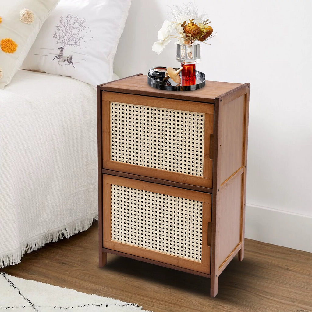Dark Brown Rattan Nightstand with Door Drawer N741579