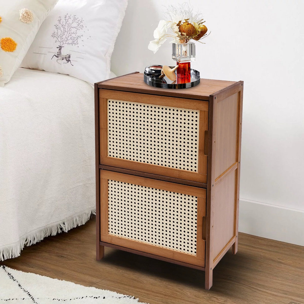 Dark Brown Rattan Nightstand with Door Drawer N741579