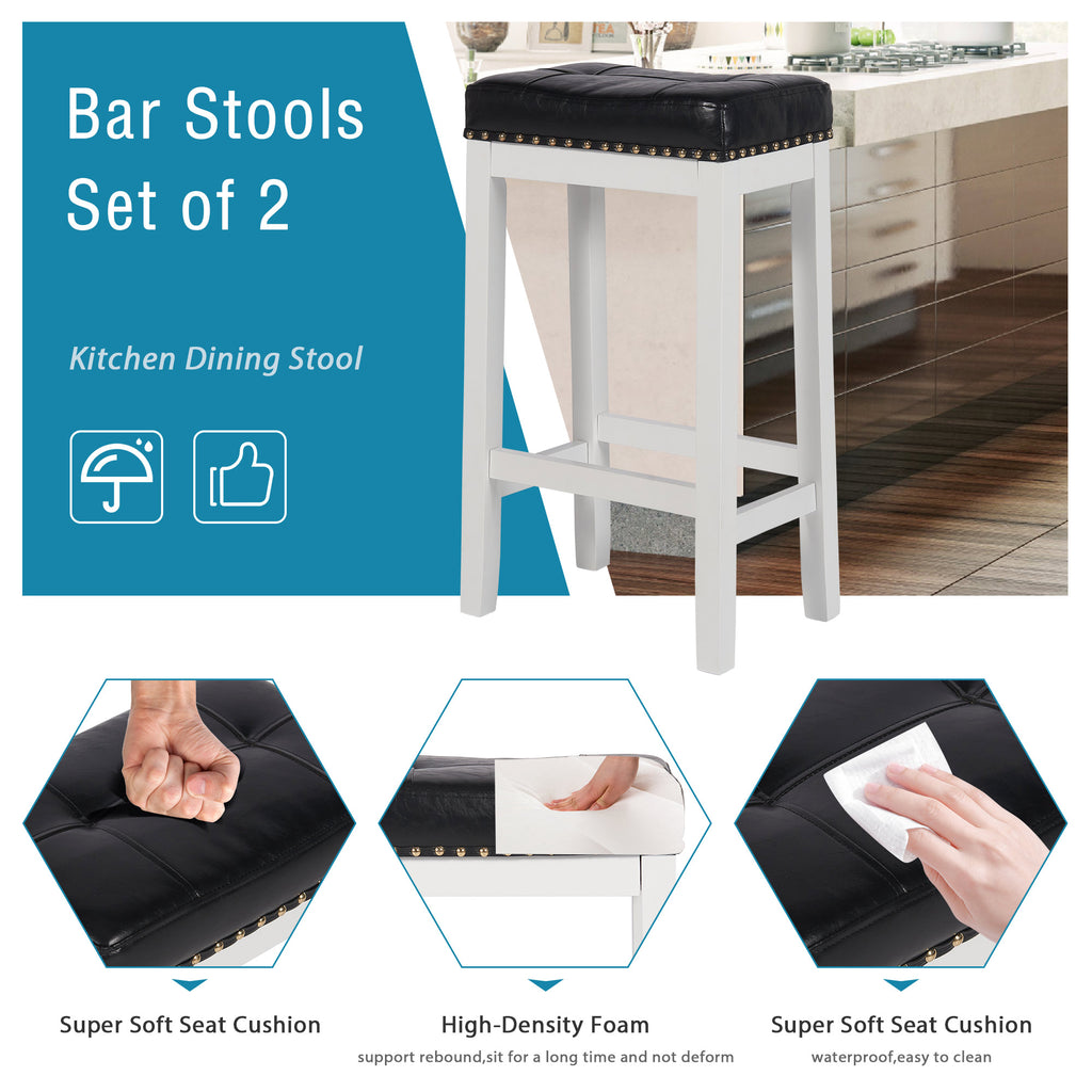 29 Inch Bar Stools Set of 2 PU Leather Solid Wooden Saddle Stool White F9723