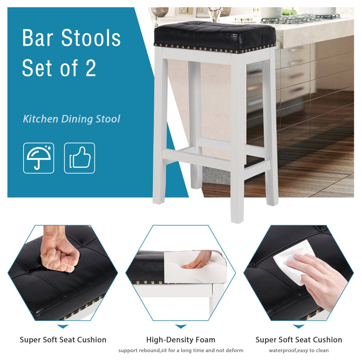 29 Inch Bar Stools Set of 2 PU Leather Solid Wooden Saddle Stool White F9723