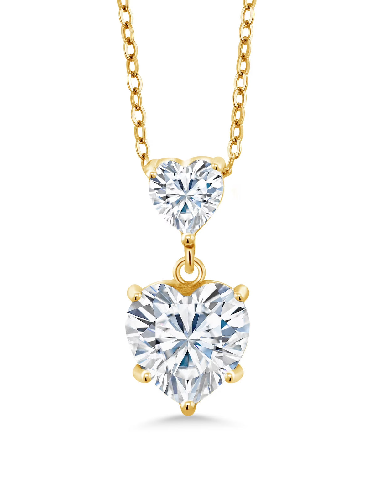 18K Yellow Gold Plated Silver White Moissanite Double Heart Pendant Necklace with 18 inch Silver Chain G634712