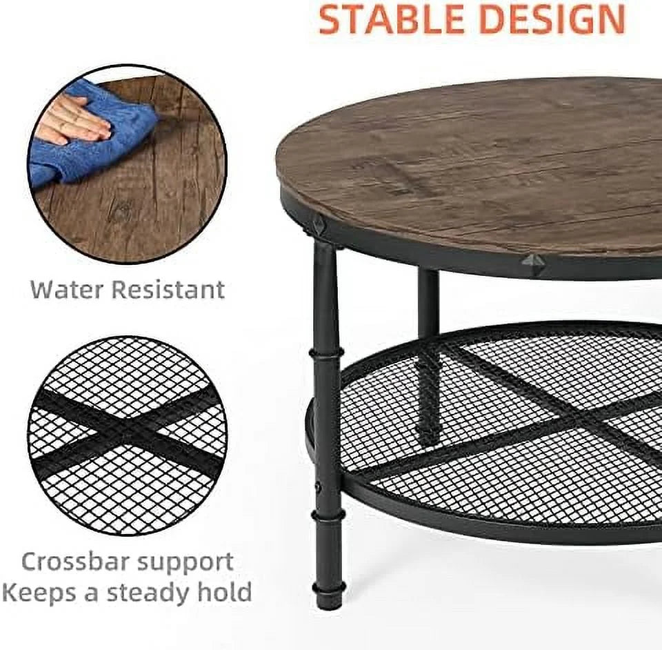 Small Round Coffee Table with Rustic Wood Top & Metal Legs & 2-Tier Grey B184975