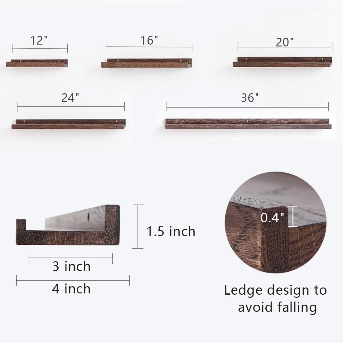 Walnut 12 Inches Solid Wood Floating Wall Shelves U1629