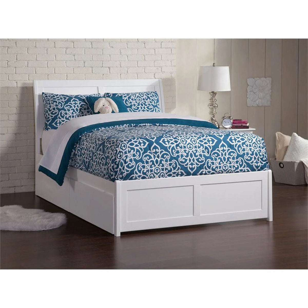 White Solid Wood Full Storage Platform Bed U825298