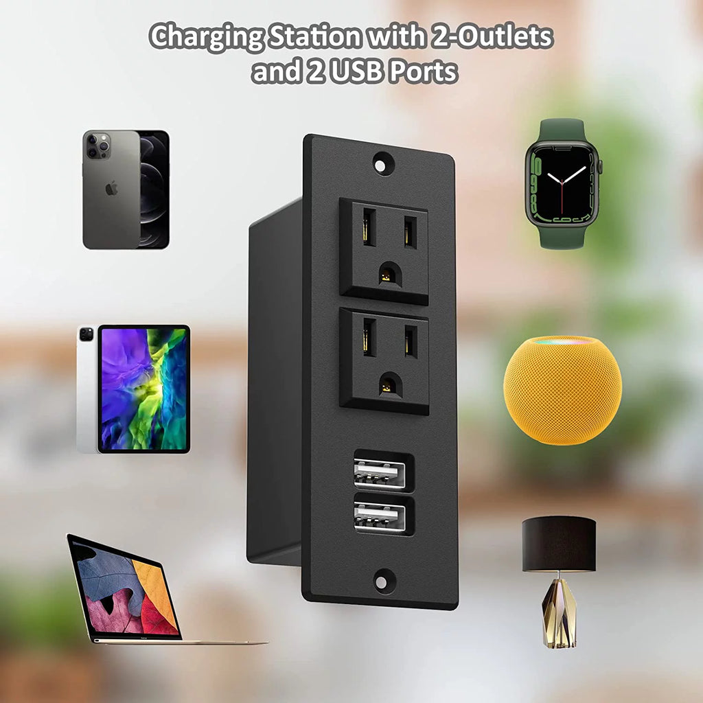 Recessed Power Strip with USB, 2 AC Outlets & 2 USB Ports N9704