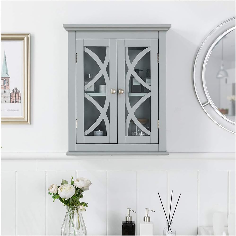 Grey Wooden Wall Storage Cabinet with Double Doors, Pack of 2 D774