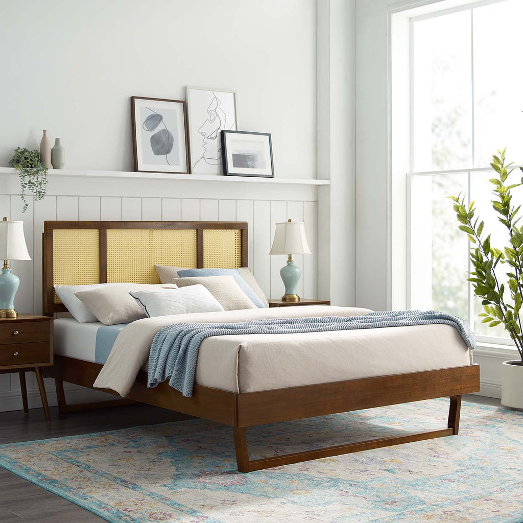 Walnut Cane and Wood King Platform Bed B9975