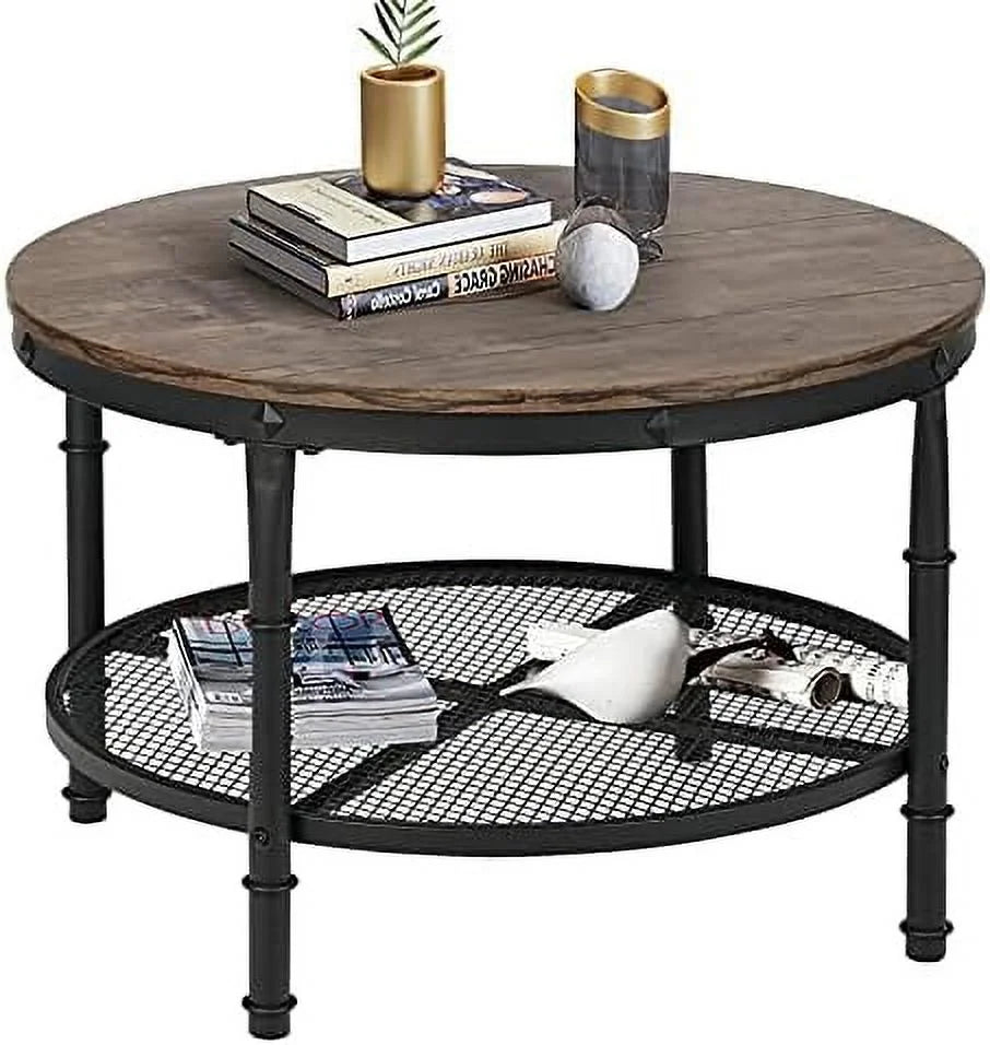 Small Round Coffee Table with Rustic Wood Top & Metal Legs & 2-Tier Grey B184975