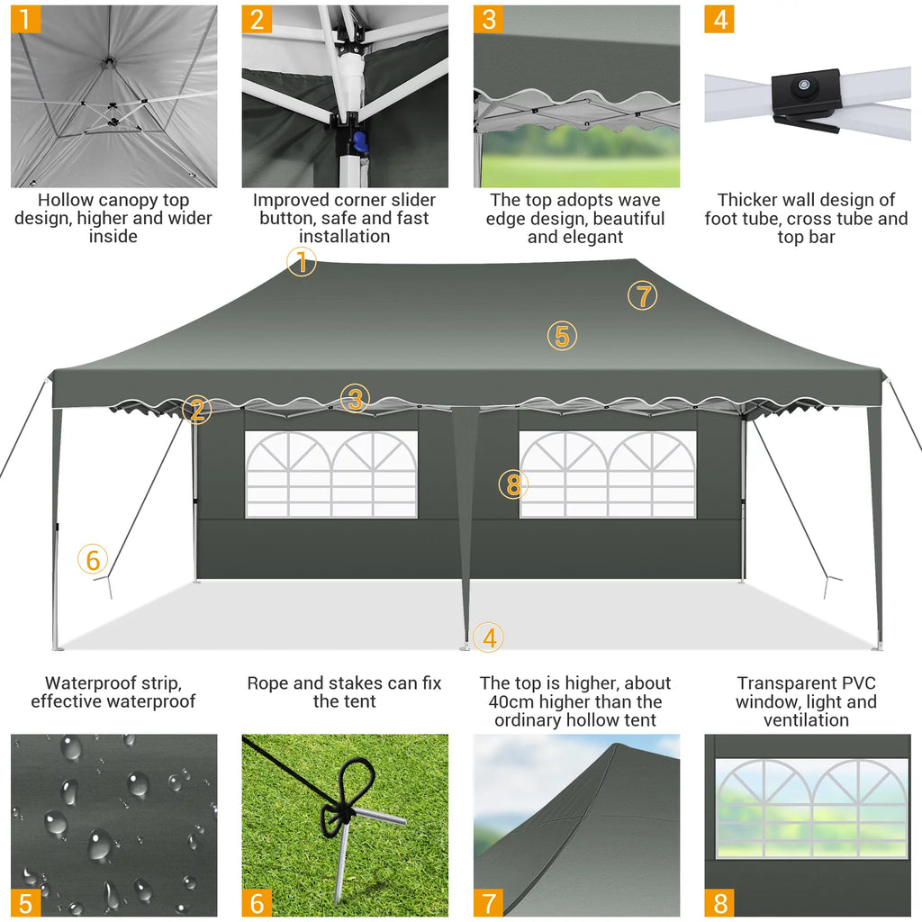 10' x 20' Pop Up Canopy Tent with 6 Removable Sidewalls, Carry Bag, 4 Sandbags, Gray P600