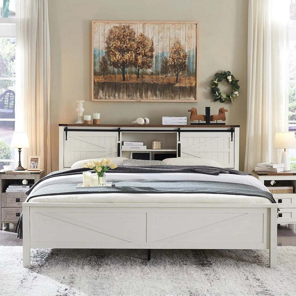 Light Rustic Oak Wood Platform Bed Frame with Bookcase Storage Headboard H824430