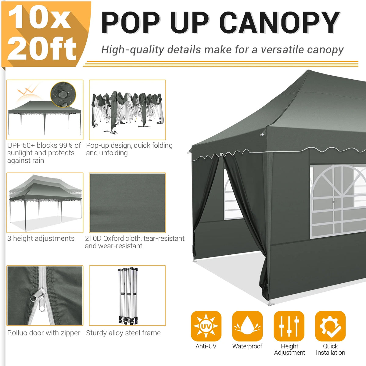 10' x 20' Pop Up Canopy Tent with 6 Removable Sidewalls, Carry Bag, 4 Sandbags, Gray P600