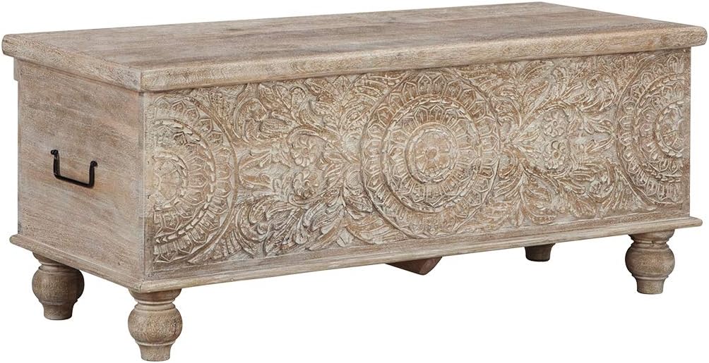 Beige Carved Wood Storage Bench with Hinge Top G516371