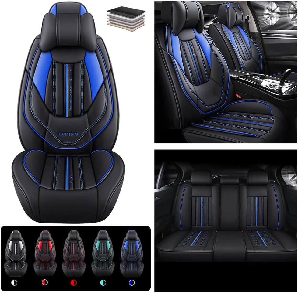 Black Blue Leather 5 Seats Full Set Waterproof Car Seat Covers I807